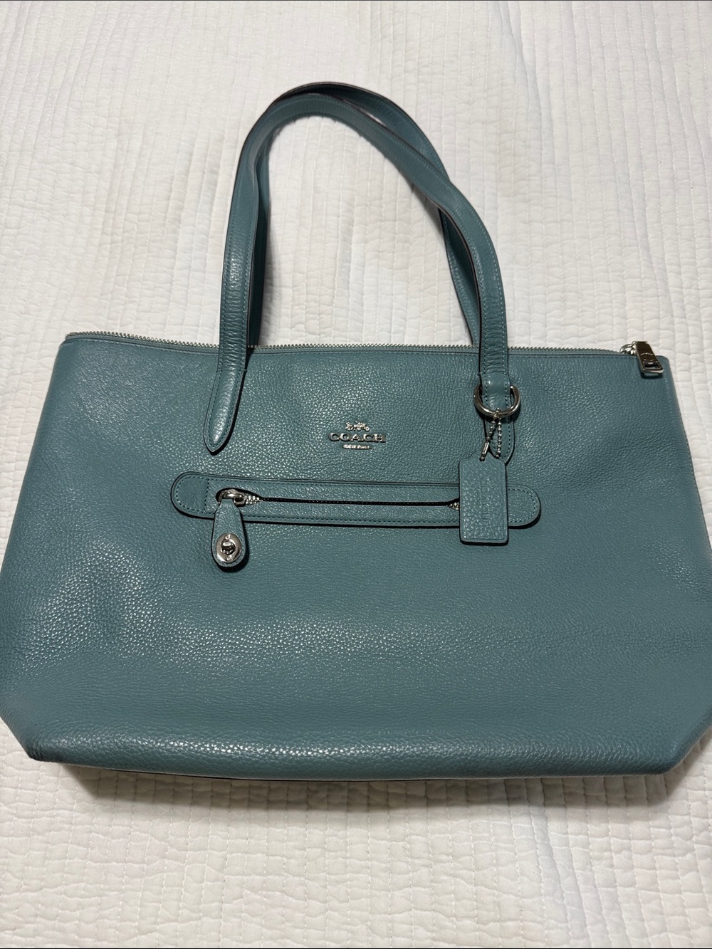 Coach Teal Pebbled Leather Zip-Top Tote